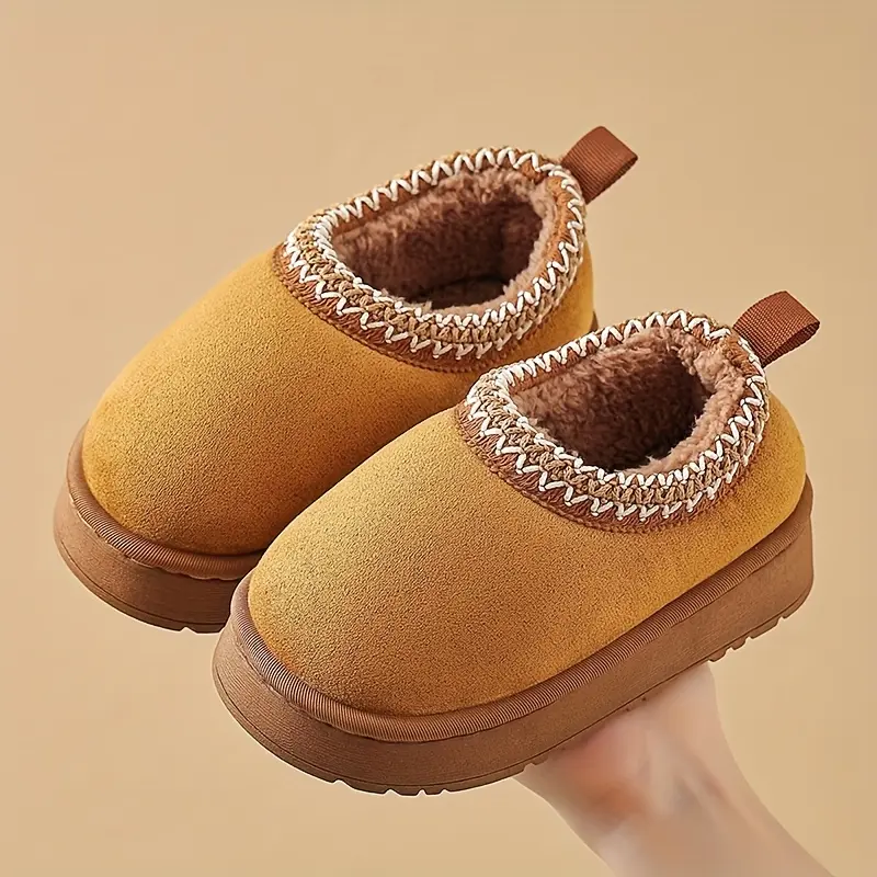 Children's Autumn/Winter Heeled Slippers, Simple Style for Boys, Indoor Home Wear, Warm Plush-Lined, Can Be Worn Outdoors, Fashionable Thick Furry Heeled Slippers for Girls