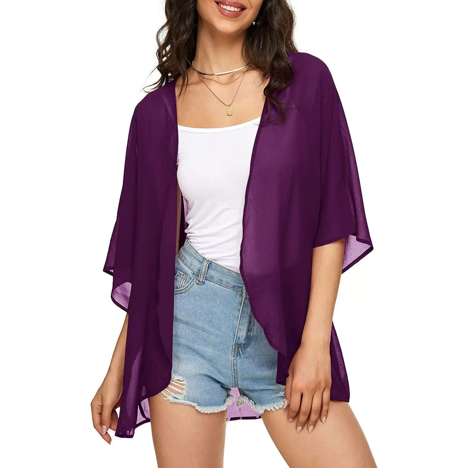 Women's Indian Trendy Solid Puff Sleeve Chiffon Kimono Cardigan - Loose Cut Casual Outdoor Outfits Inspo Multi-Size Cover Up (Gift), Casual Wear