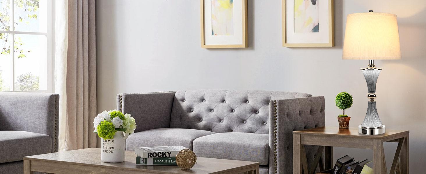 Touch Control Dimmable Table Lamps for Bedrooms, 3-Way Gold Crystal Bedside Lamp with USB Ports, Set of 2 Contemporary End Table Lamps with White Drum Shade for Living Room Reading, LED Bulbs Included