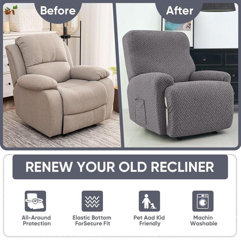 1/2/3 Seater Solid Color Elastic Washable Recliner Cover, Stretch Jacquard Armchair Covers Couch Slipcover With Pocket for Home Living Room Office