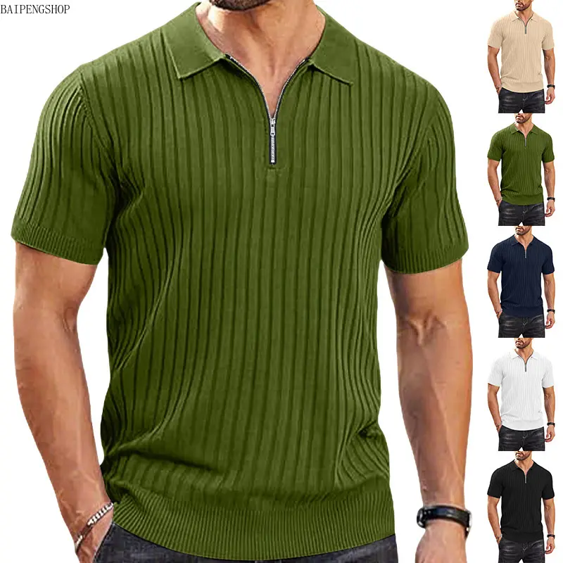 Men's Quarter Zip Ribbed Knit Golf Polo Shirts, New York Fashion Week Inspired Short Sleeve Classic Casual Polo Top, Soft Premium Breathable Knit Fabric Fashion Menswear, Versatile for Golf, Daily Wear, Business Casual & Weekend Outings