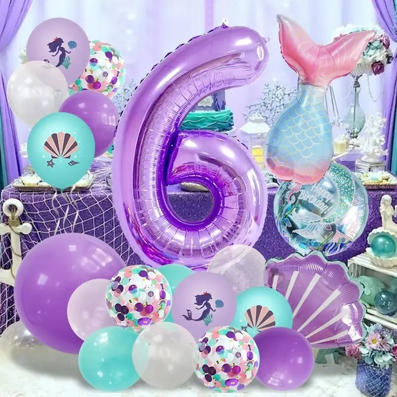 25pcs Magical Mermaid Balloon Set with Aluminum Numbers 0-9, Birthday Party Supplies, Home Christmas Festival Decorations, Sparkly Balloons