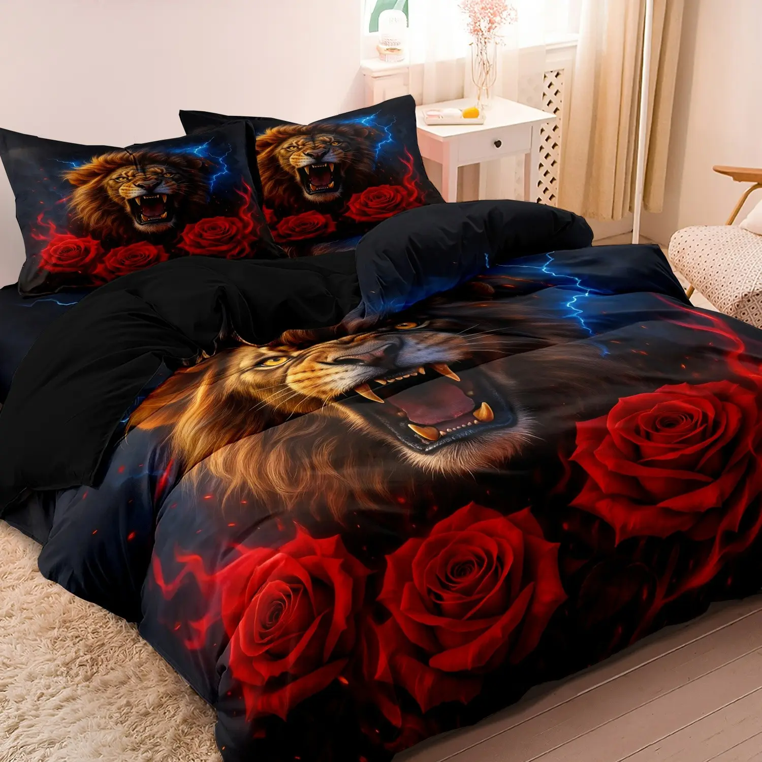 3Pcs Roaring Lion Red Rose Duvet Cover Set, Lightning Flame Wild Animal Floral Printed Bedding, For Bedroom Home Decoration, Multiple Sizes Available (1 Duvet Cover + 2 Pillowcases, No Comforter No Pillow)