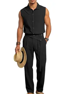 Men's Casual Linen Drawstring Set, Sleeveless Stand Collar Loose Fit Gym Shorts, All Seasons Unlined Plain Shirt