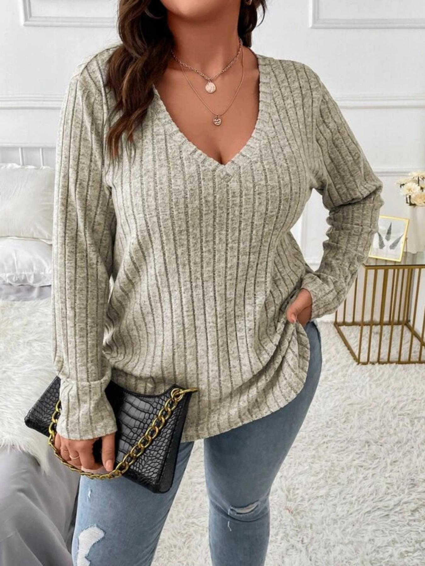 Plus Size Solid Long Sleeve Tee, Casual Comfy V Neck Top for Fall Daily Outdoor Wear, Women Plus Clothing for Fall , Fall Outfits 2024, Fall Outfits, Earthtone Fallfreshness, Dressy Casual Tops