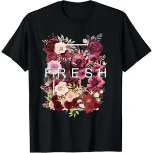 Maroon Red Burgundy Fresh Bloom Flowers Maroon Graphic T-Shirt        Graphic tees Shortsleeve Casual Retro Double-Sided Water Wash Vintage Metalcore Y2K Streetwear Tee graphic tee men's t shirts Oversized Crewneck