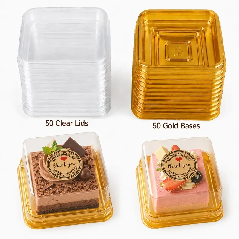 Square Shape Plastic Bakeware Dessert Boxes Set - 50 Packs, 3-in Transparent Small Size Handmade Cake Containers, 72 Stickers, Baking Utensils for Mini Cakes, Wedding Party Gifts