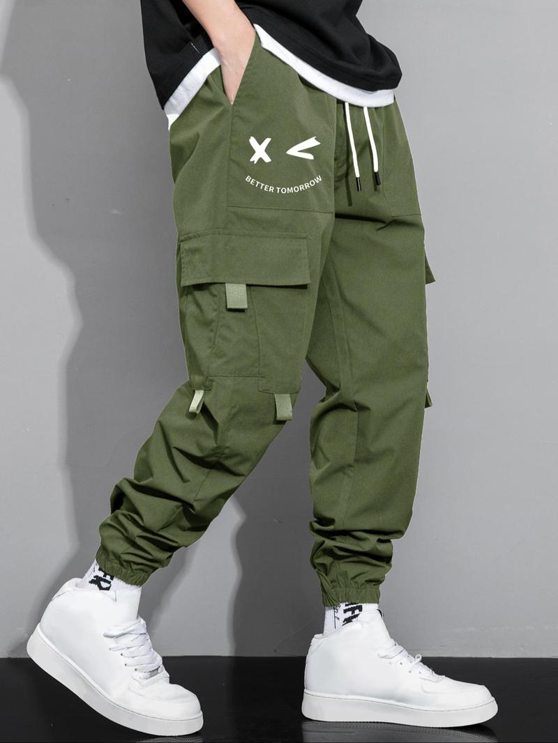 Men's Cartoon Face & Letter Print Drawstring Waist Cargo Pants, Casual Regular Fit Utility Jogger Bottoms, Men's Trousers for All Seasons, Pants for Men, Mens Pants,  Pants for Men Menswear Grey