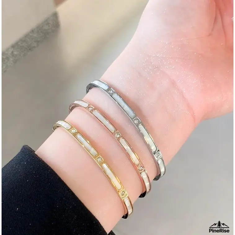 White Shell Bamboo Joint Bangle Titanium Steel Plain Circle Bracelet Premium Texture Women Hand Jewelry Fashion Accessory For Indoor Leisure Daily Outfit Matching
