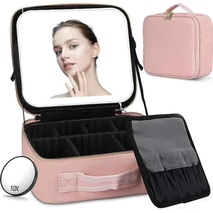 ravel Makeup Bag with Mirror & Light | Portable Cosmetic Organizer with Adjustable Dividers and Brush Storage