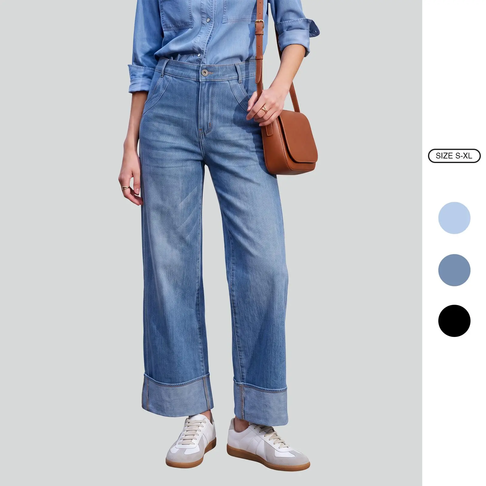 Imily Bela Women's High Waist Cuffed Wide Leg Jeans, Soft Stretch Lightweight Denim Cropped Straight Casual Pants with Pockets
