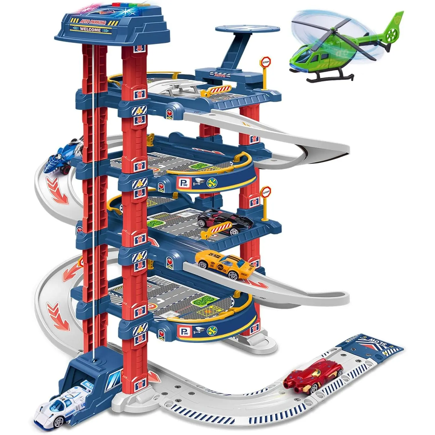 Ultimate Garage Track Set with Electric Elevator, Upgrade 5 Levels Toy Car Garage with 5 Die-Cast Toy Cars & 1 Helicopter