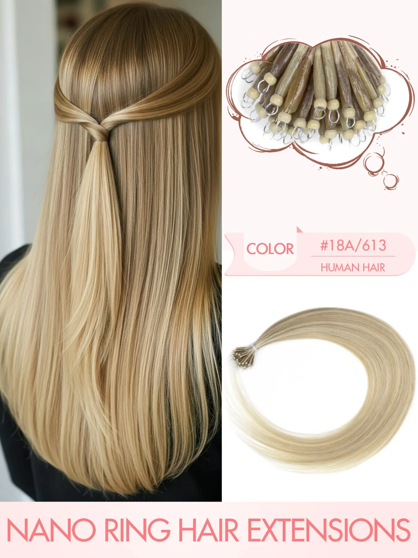 Nano Tip Hair Extensions Human Hair Natural Straight Real Human Hair Pre-bonded Seamless Highlight Extensions for Women Micro Nano Rings Beads Hairpiece Human Hair Extensions for Women