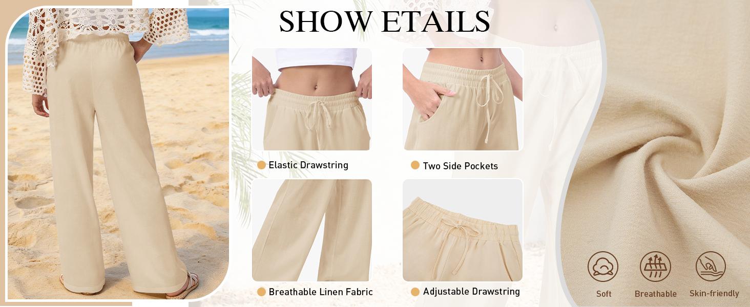 Womens Casual Linen Wide Leg Pants Flowy Drawstring High Waist Palazzo Beach Vacation Trousers