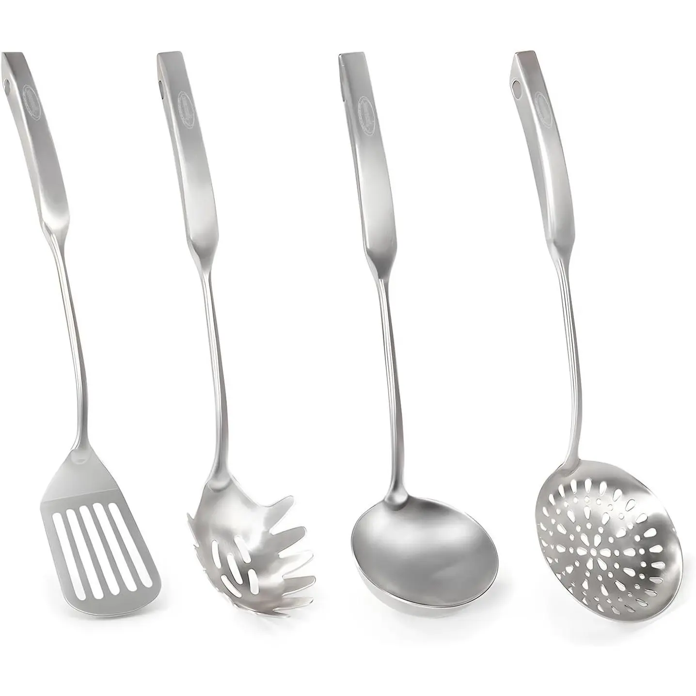 4-Piece 304 Stainless Steel Kitchen Utensils Set, Metal Cooking Accessories Including Soup Ladle, Slotted Skimmer Spoon, Spaghetti Spoon and Spatula, Dishwasher Safe
