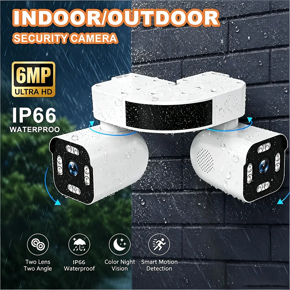 1pc Indoor & Outdoor Security Camera, Dual-Lens 6MP HD Video Surveillance, PTZ 360° Panoramic Monitoring, Two-Way Audio, AI Motion Detection Alerts, Dual-Mode Full-Color Night Vision, 2.4GHz Wireless Wi-Fi, Cloud Support