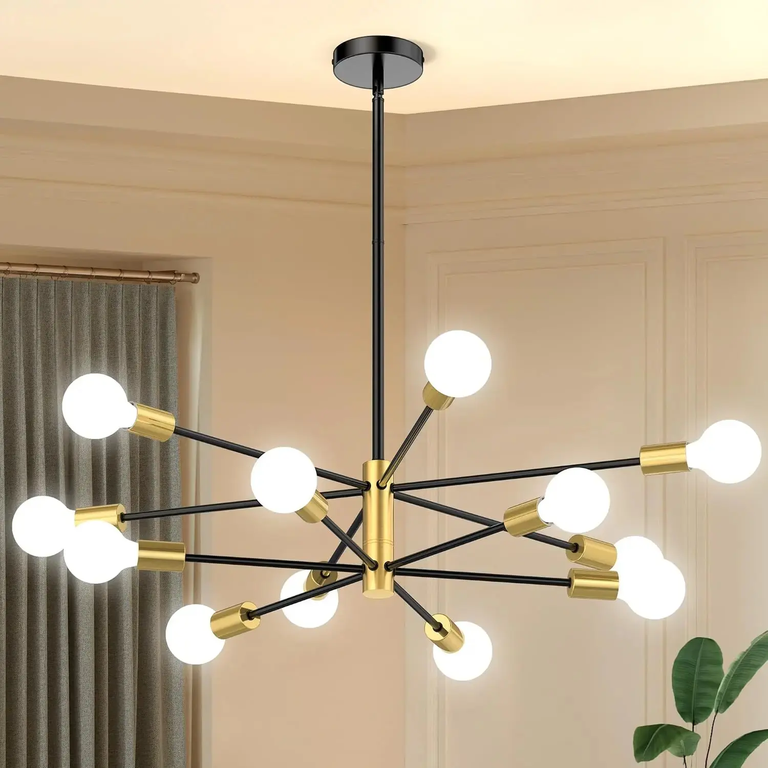 12-Light Sputnik Chandelier, Mid Century Modern Adjustable Height Single Fixture with Starburst Arms, Ceiling Light for Dining Room, Kitchen Island, Black and Gold, Dining Room Chandelier