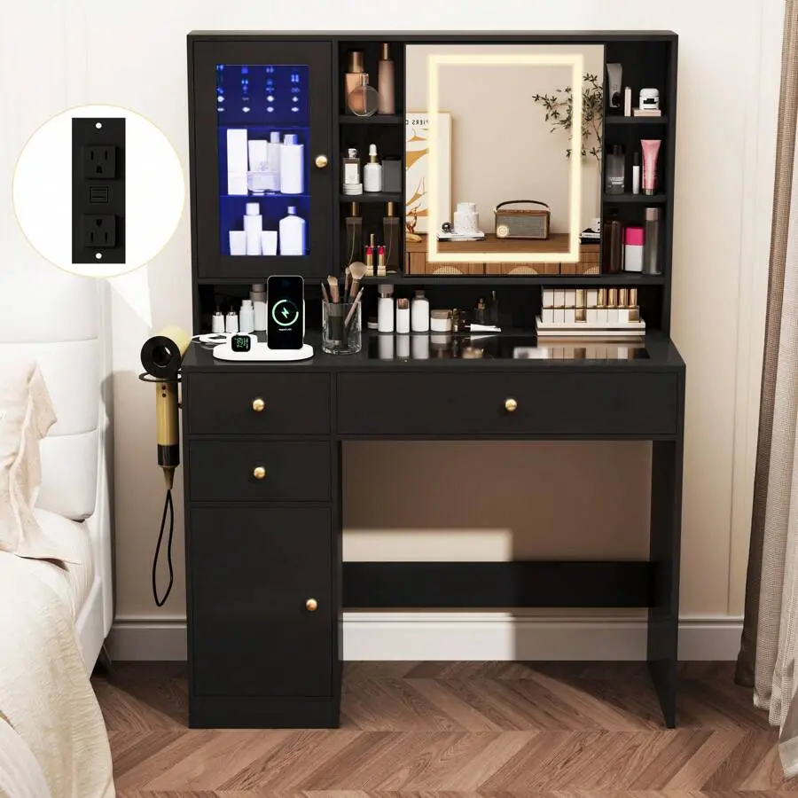 Vanity Desk With Mirror And Lights, Glass Top Vanity Mirror With Lights Desk And Cabinet & Jewellery, Makeup Vanity Desk With Charging Station Dressing Table Bedroom