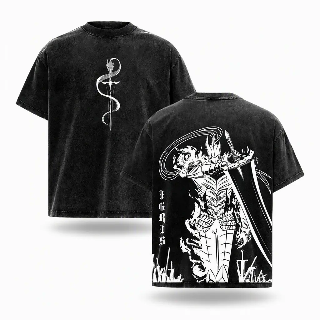 Oversized Cotton Graphic T Shirt Igris Solo Leveling Shadow Army Commander Knight Print Heavyweight Loose Short Sleeve Top Retro Dark Fantasy Manhwa Streetwear Casual Gym Daily Party Outfit Unisex Anime Fan Gift Distressed Aesthetic Fashion Tee