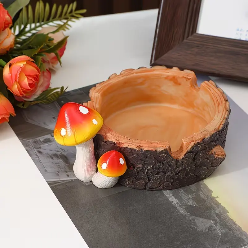 Cute Tree Stump Mushroom Ashtray, Natural Forest Style Resin Ash Tray, Decorative Ornament for Home & Garden, Unique Gift for Friends