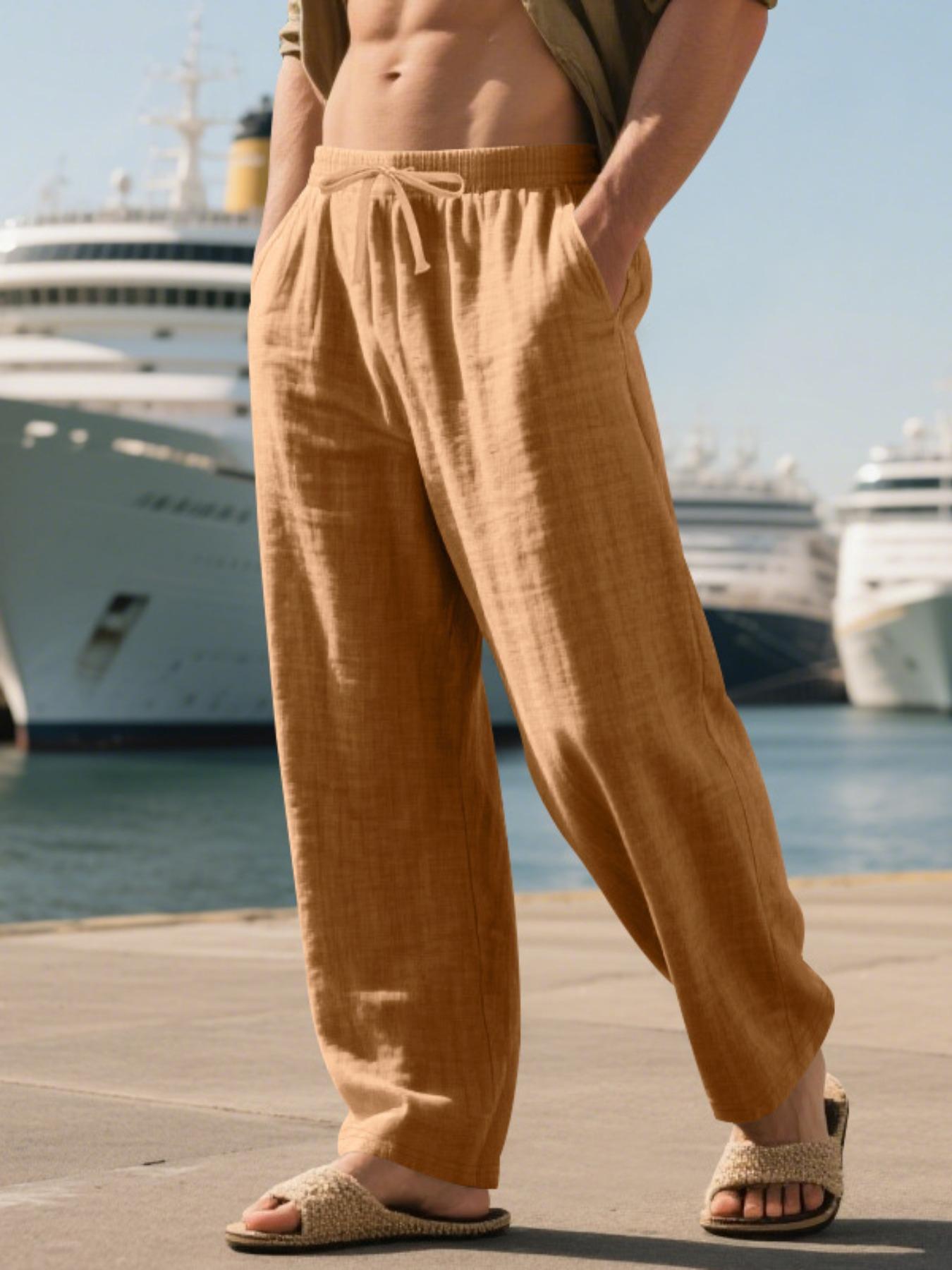 Men's Linen Long Pants, Casual Plain Trousers, Casual Loose Fit with Pockets, Spring & Fall Beach Vacation Lightweight Comfortable Breathable Fabric