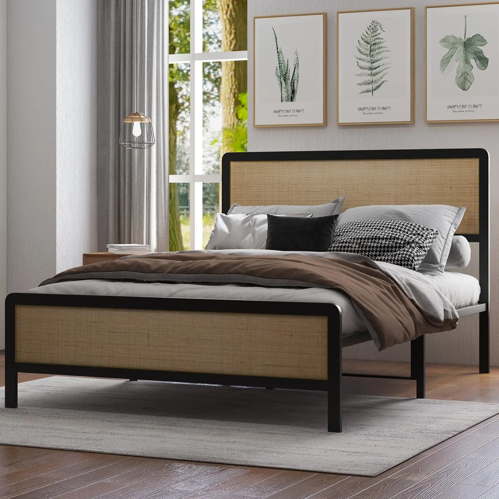 GARVEERattan Queen Size Bed Frame with Natural Cane Headboard, Boho Platform Bed Frame, No Box Spring Needed, Noise-Free, Easy Assembly, Natural