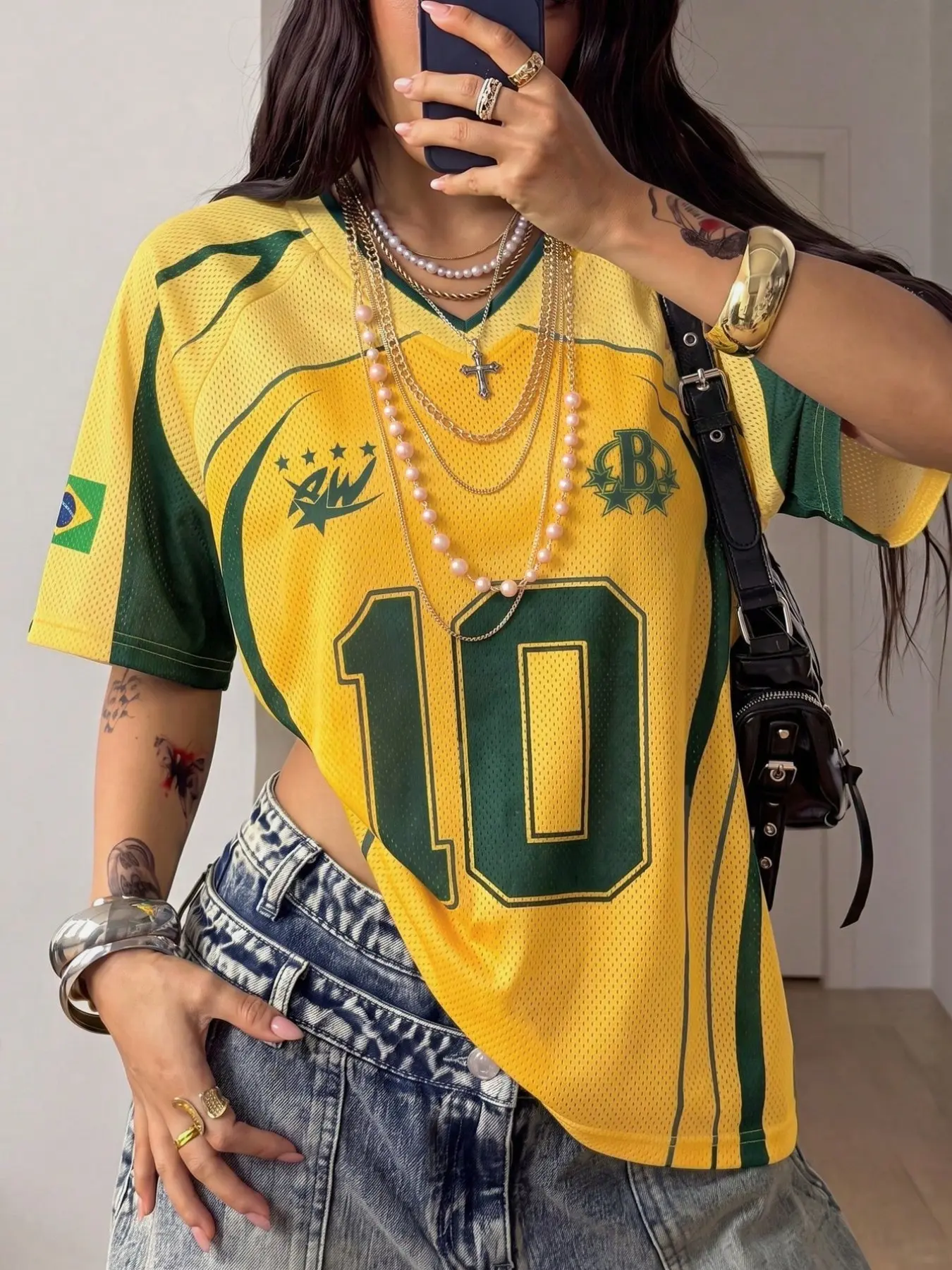 Brazil 10 Number Mesh Soccer Jersey Short Sleeve, soccer shirts, American Retro Y2K Style, Loose-Fitting All over Print Top