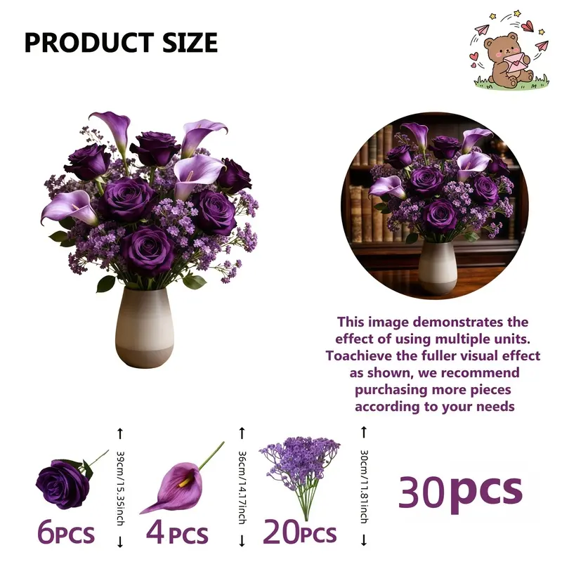 16-piece artificial purple bouquet features purple roses, calla lilies, and baby's breath, making it an ideal choice for wedding bouquets, indoor offices, living rooms, bedrooms, holidays, graduations, and Valentine's Day gifts.