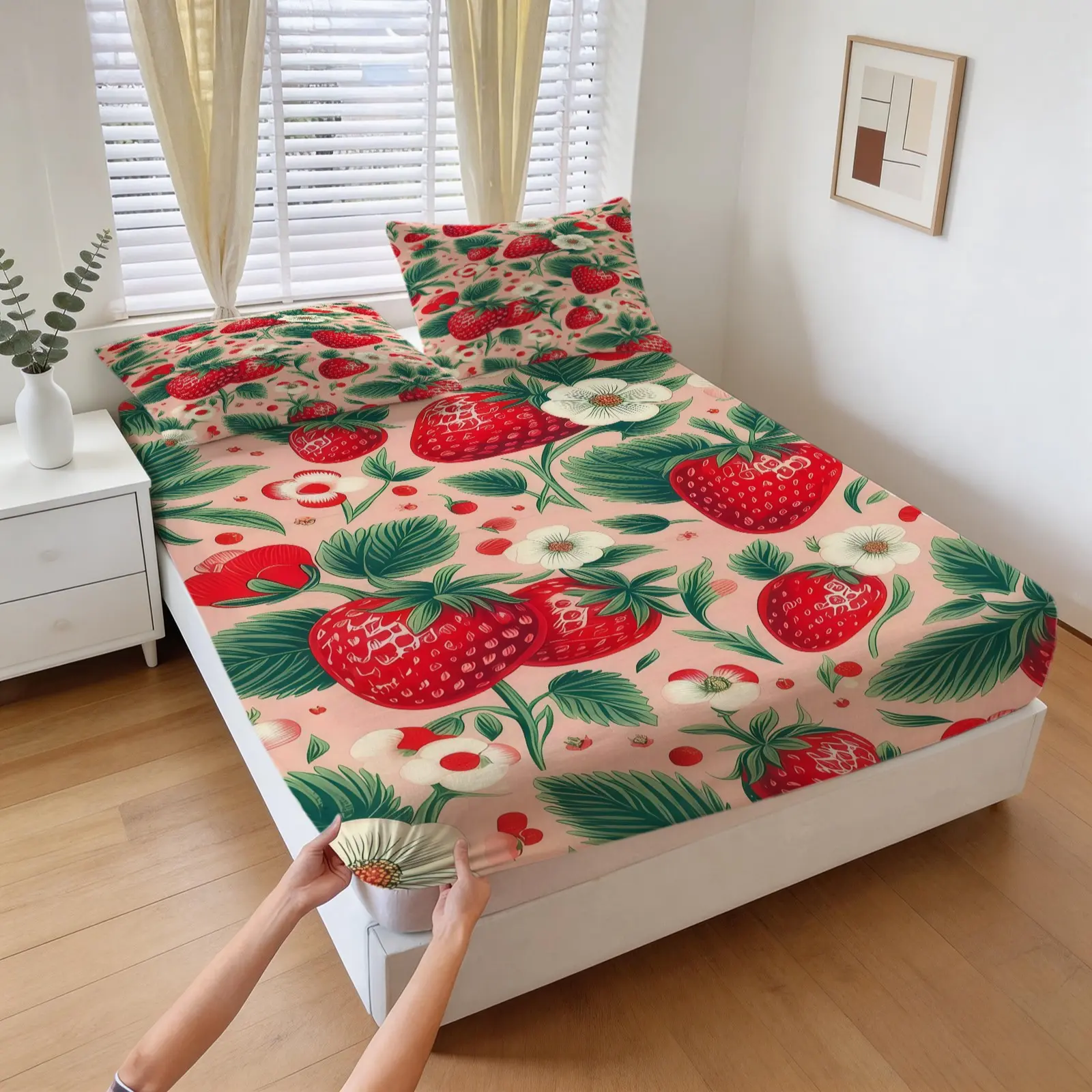 3-Piece Strawberry Patterned Bed Sheet Set, Soft And Comfortable Bedding Set, Including 1 Bed Sheet And 2 Pillowcases (Excluding Pillow Core), Suitable For Teenagers And Adults, Bedroom, Apartment, Guest Room, Dormitory Scenes