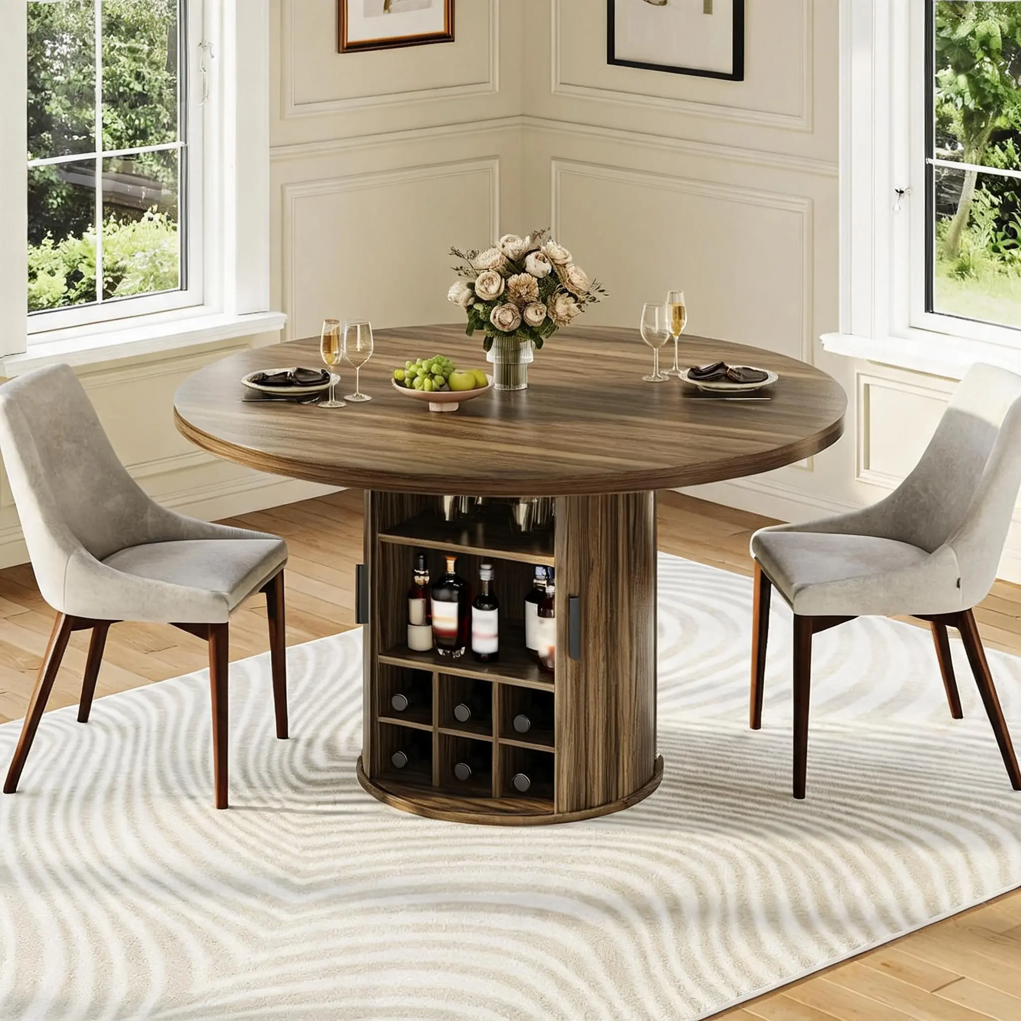 Modern 47 Inch Round Dining Table for 4-6 with Storage and Built-in Wine Cabinet, Small Space Pedestal Kitchen Table for Home, Walnut/Black/Oak
