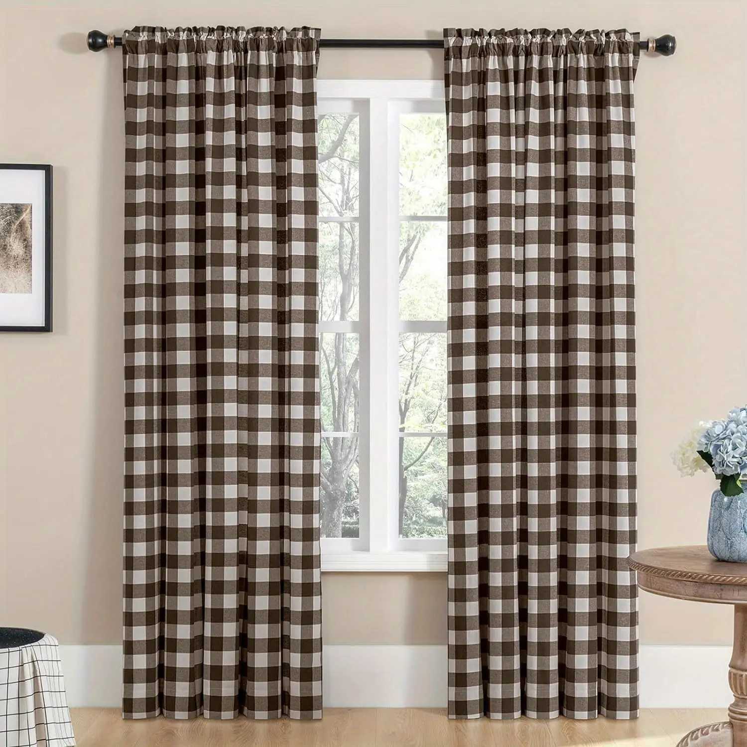 2pcs Buffalo Check Plaid Curtains - Farmhouse Gingham Style, Cotton Texture Rod Pocket Semi Drapes for Living Room & Bedroom, Brown, Light-Filtering, Machine Washable, Buffalo Plaid Home Decor