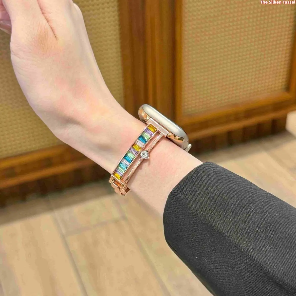 French Luxury Multicolor Rhinestone Metal Watch Band, Elegant Bling Jewelry Bracelet Strap Compatible With Apple Watch Series 2 3 4 5 6 7 8 9 10, 38/40/41/42/44/45/49mm All Sizes (Watch Not Included) Smartwatch Accessories tiktokshopbacktoschool