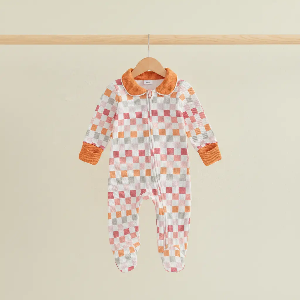 Newborn Baby Fall Footed Romper Checkerboard Long Sleeve Doll Collar Bodysuit