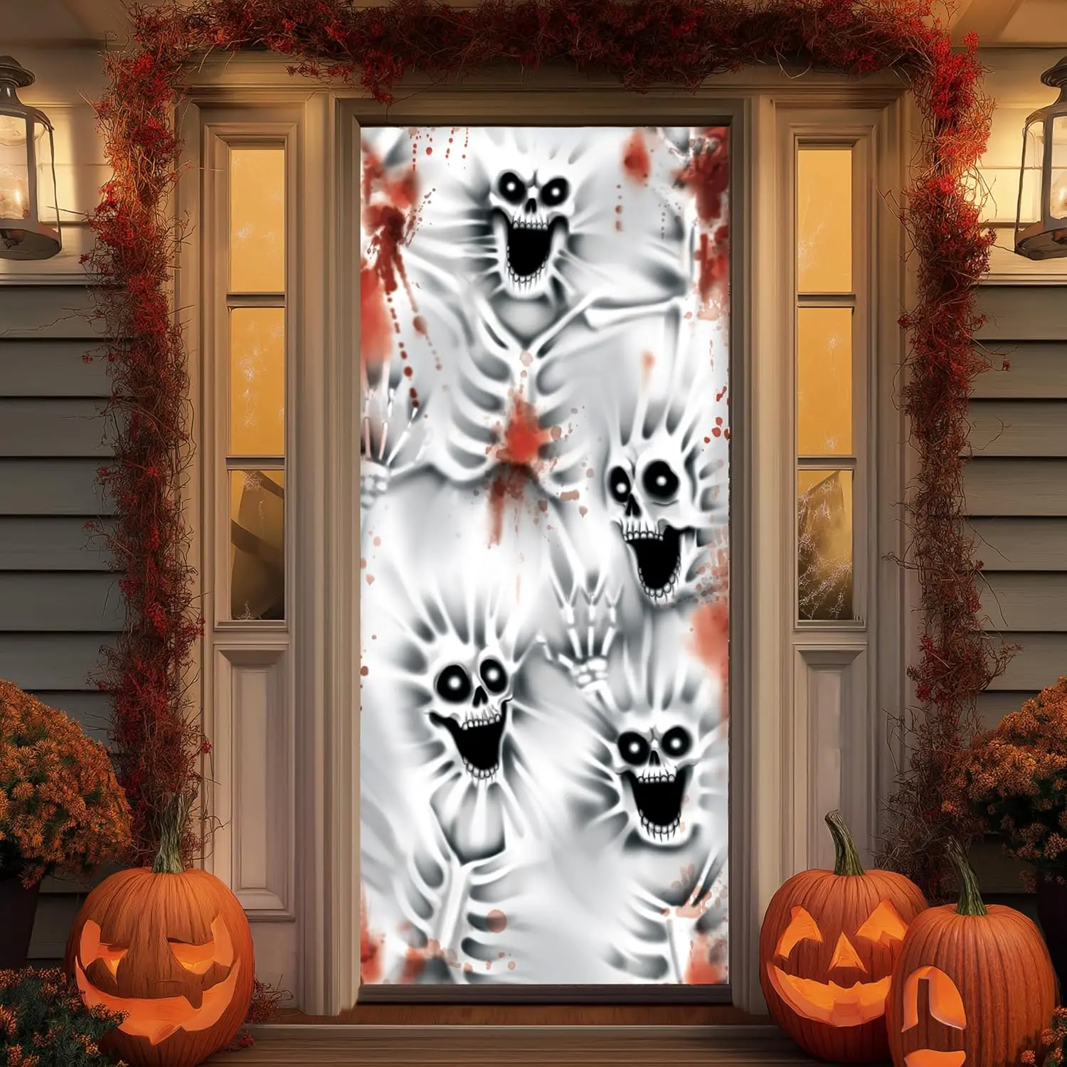 Halloween Door Cover, Creepy Skeleton Halloween Door Decorations, Haunted House Party Decor for Front Door, Garage, Window & Wall, Indoor Halloween Decorations