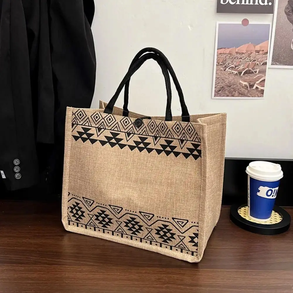 Women's Vintage Korean National Print Canvas Tote Bag - Eco-Friendly Reusable Handbags for Women, Large Capacity Lock Closure Daily Use Bags for Camping, Hiking, Picnic