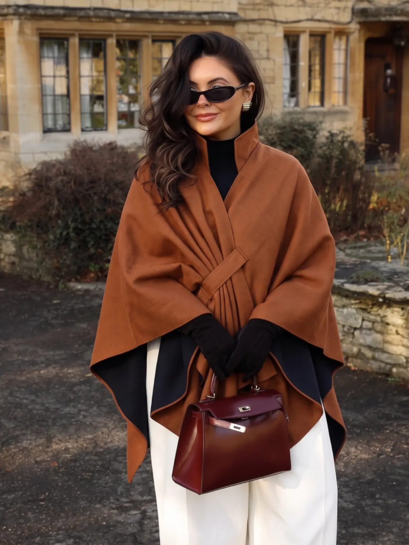 Women Elegant Two Tone Belted Cape Shawl, Reversible Wrap Poncho, Warm Autumn Winter Outerwear, Stylish and Versatile Fashion Piece