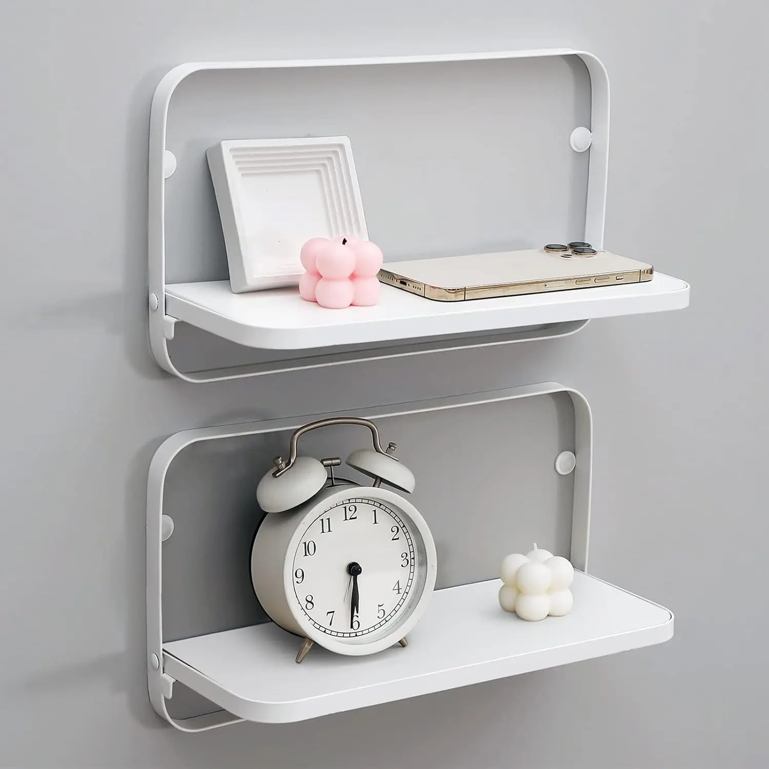 WELLAND White Floating Shelves Set of 2, Small Fold Down Wall Shelf Folding Display Wall Shelves for RV, Camper, Loft, Bedside| White Wooden Board & Metal Frame| 12" W x 5" D x 7" H