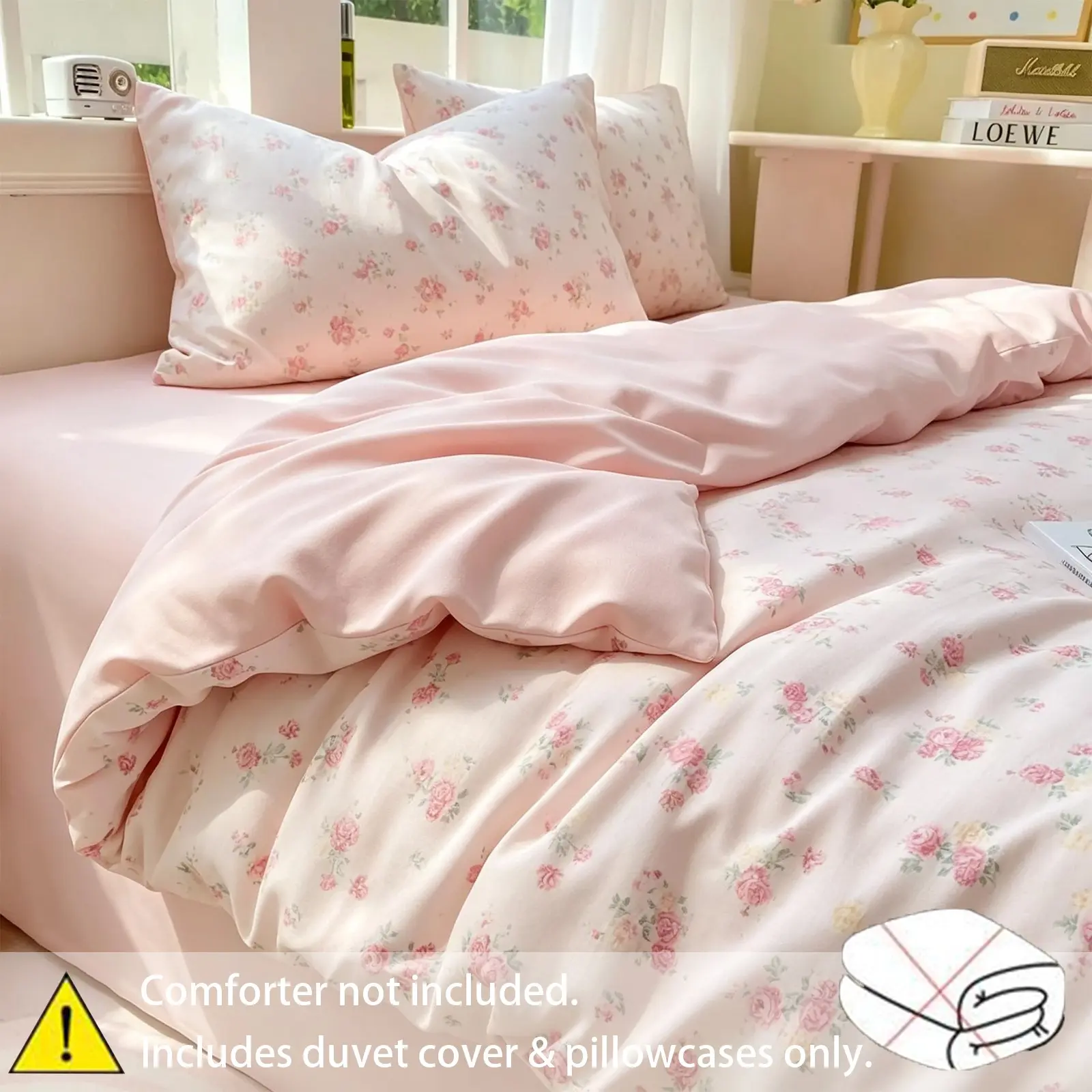 Cherry Blossom Rose Print Bedding Set, French Court Romantic Duvet Cover Trio, Vintage Garden Style, Includes 1 Duvet and 2 Pillowcases