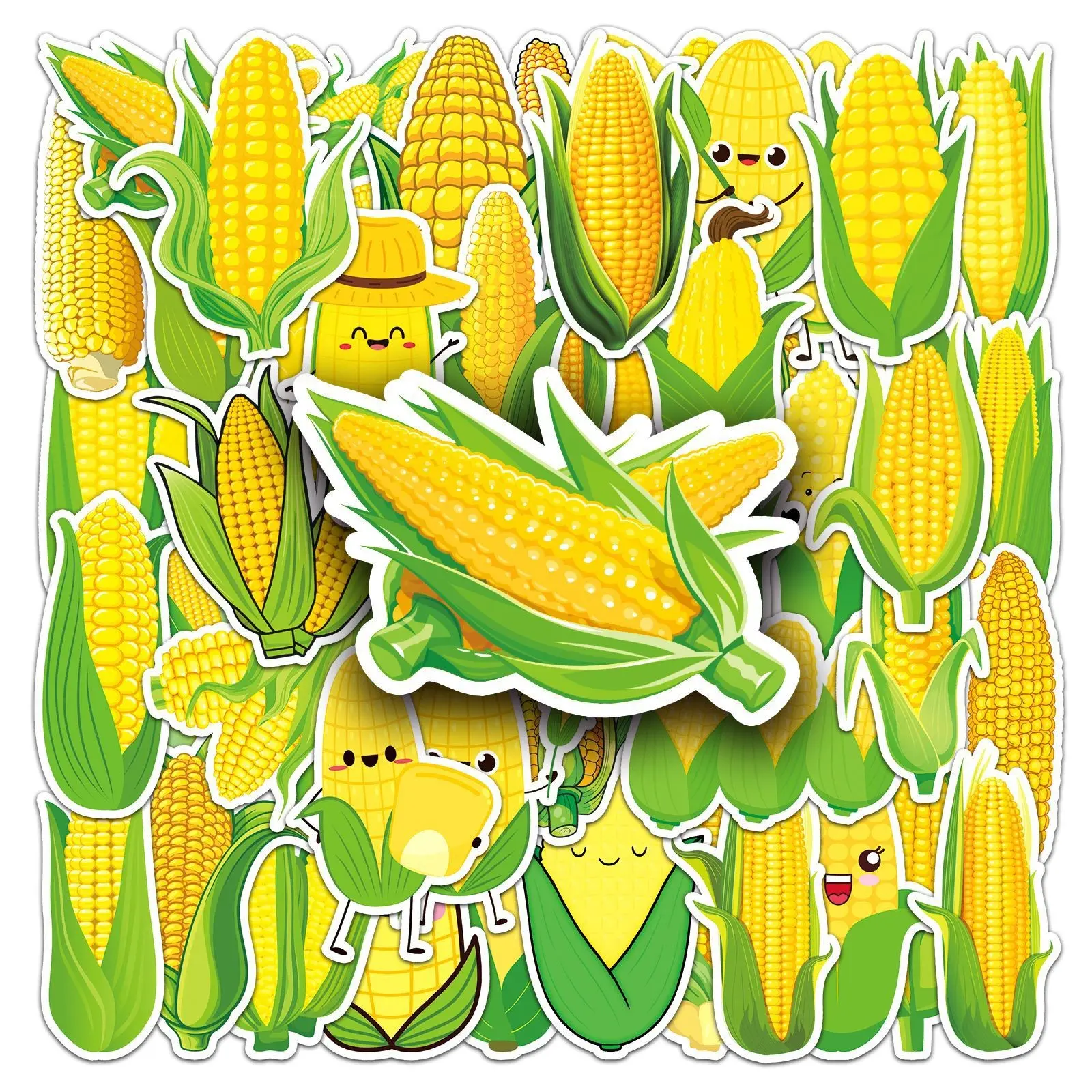 50 Cartoon Fresh Corn Stickers, 1.96-3.15 Inch Self-Adhesive Vegetable Stickers, Farm Theme Journal, Kitchen, Cellphone, Phone Decorations