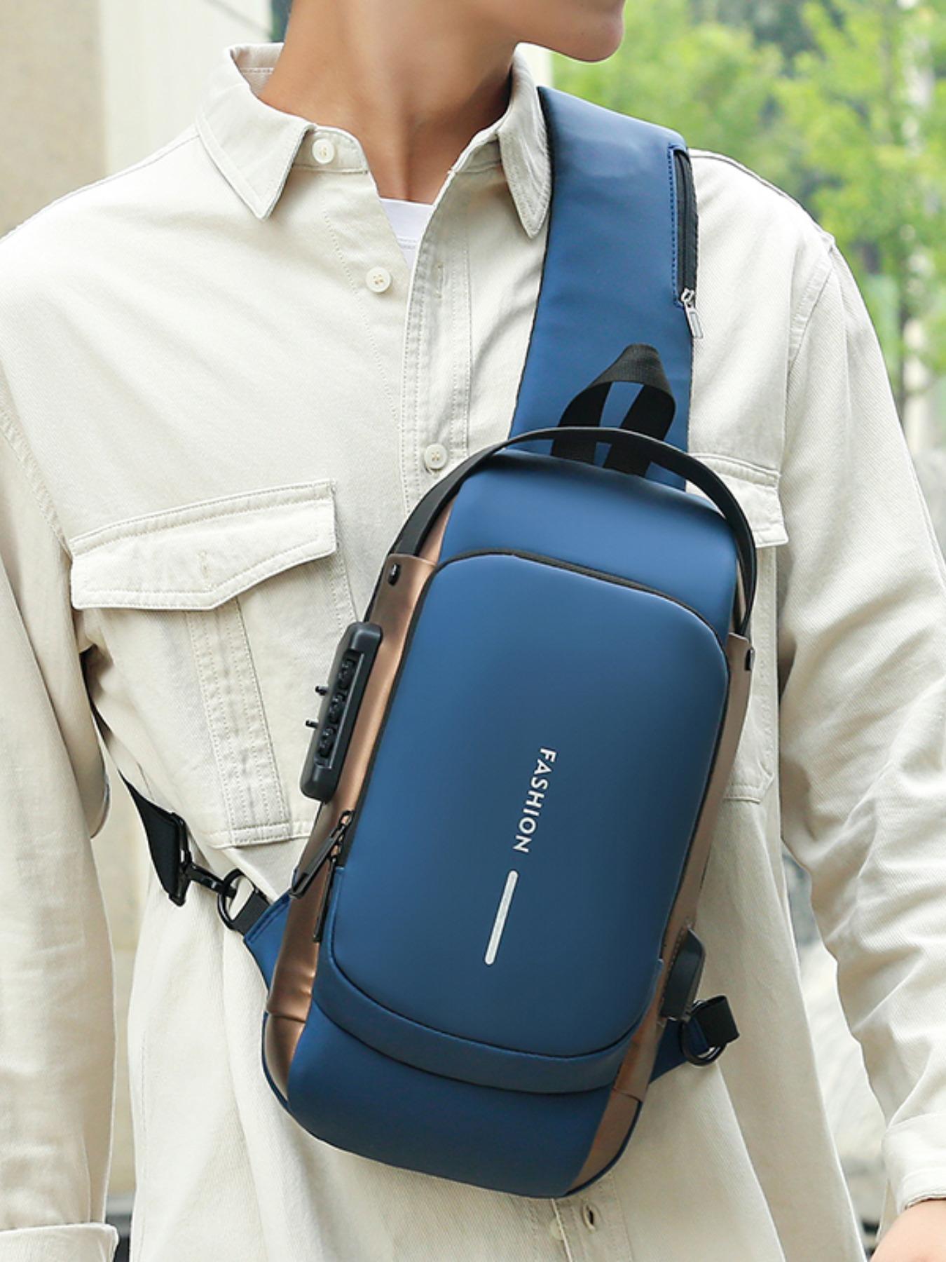 Men's Casual Plain Zipper Anti-theft Belt Bag, Large Capacity Business Chest Bag with Usb Port, Trendy All-match Waterproof Bum Bag for Daily Used