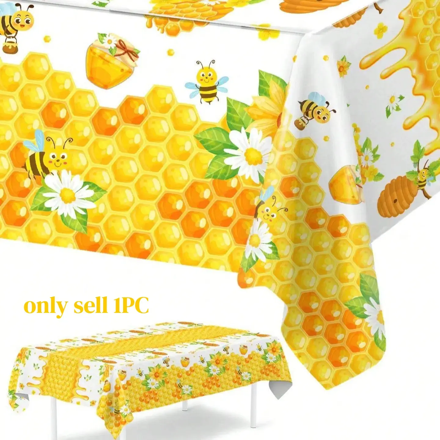 1Pc yellow Bee Disposable Water Proof Tablecloth, Table Covers, Suitable For Spring Party, Birthday Party Decoration, Yellow Bee Spring Theme Design Party Table Decor, Gender Reveal Decorative Tablecloth, Party Supplies, Versatile Use, Festive Decoration