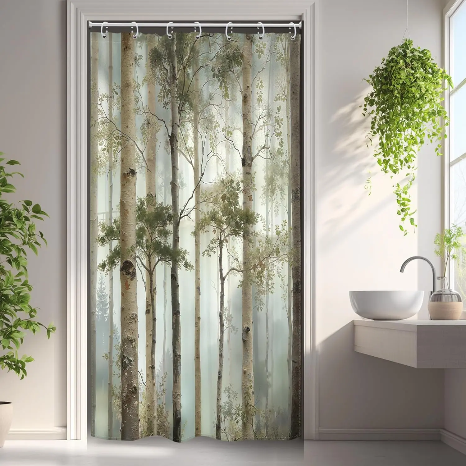 36" W x 72" Rustic Misty Birch Tree Shower Curtain Set, Plastic Washable Botanical Art Greenery Landscape Bathroom Decor, Home Bathroom Supplies Accessories