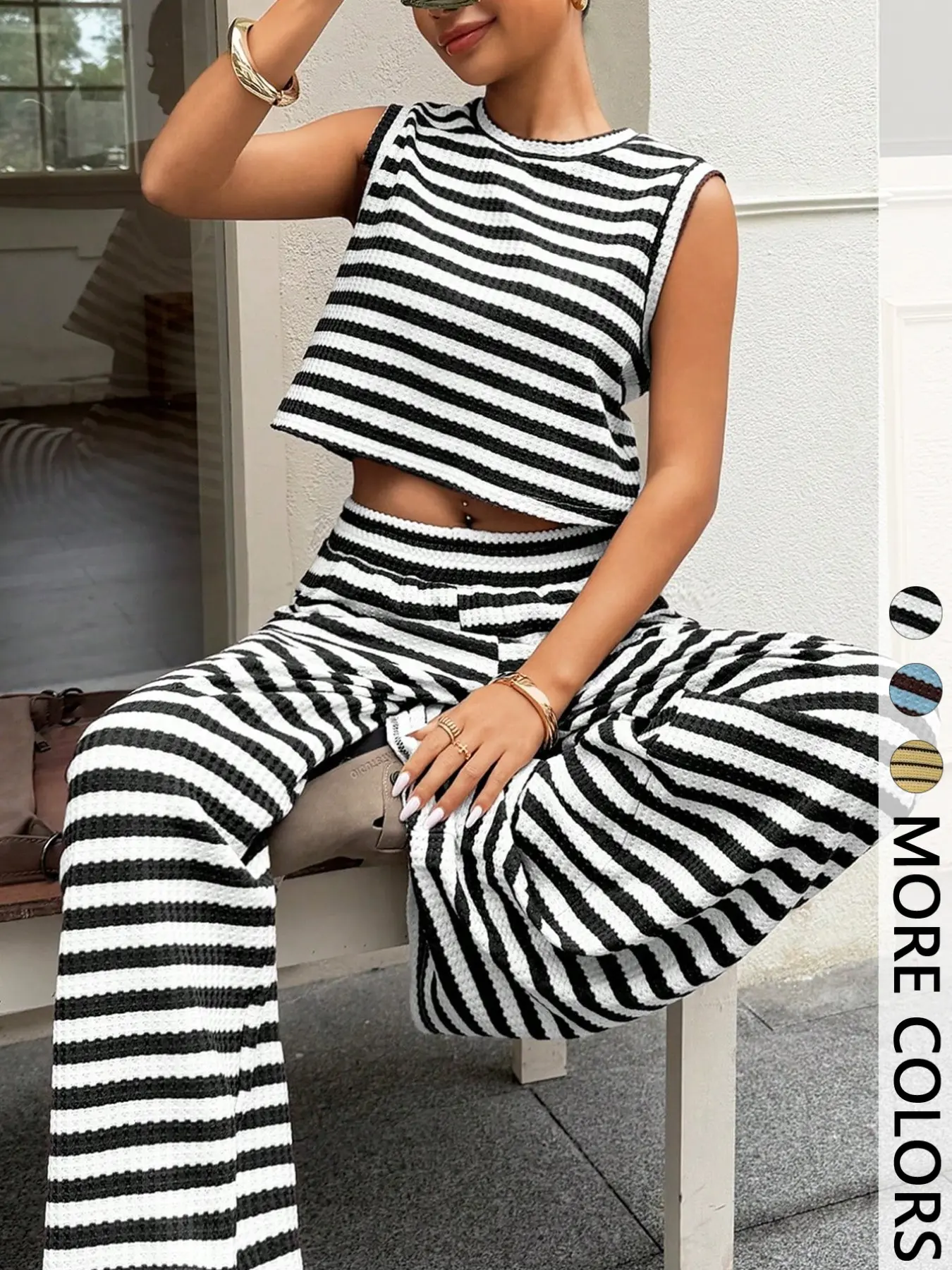 Summer Striped Two-Piece Set, Loose Round Neck Sleeveless Tank Top and Elastic Waist Pants, Vacation Style, Comfortable Homewear
