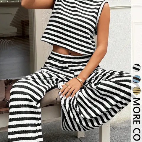 Summer Striped Two-Piece Set, Loose Round Neck Sleeveless Tank Top, Elastic Waist Vacation, Comfortable Home Wear, Casual Chic Set