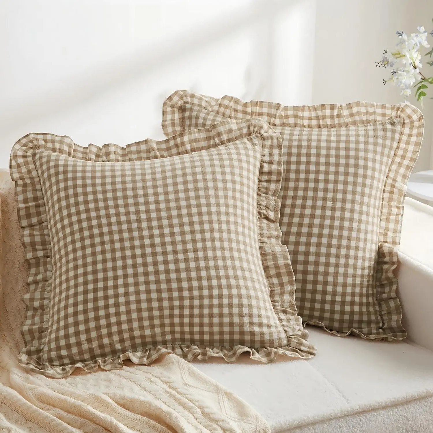 2 Pcs Ruffle Gingham Pillow Covers 20 x 20 Inch, Taupe/White PlaidGift