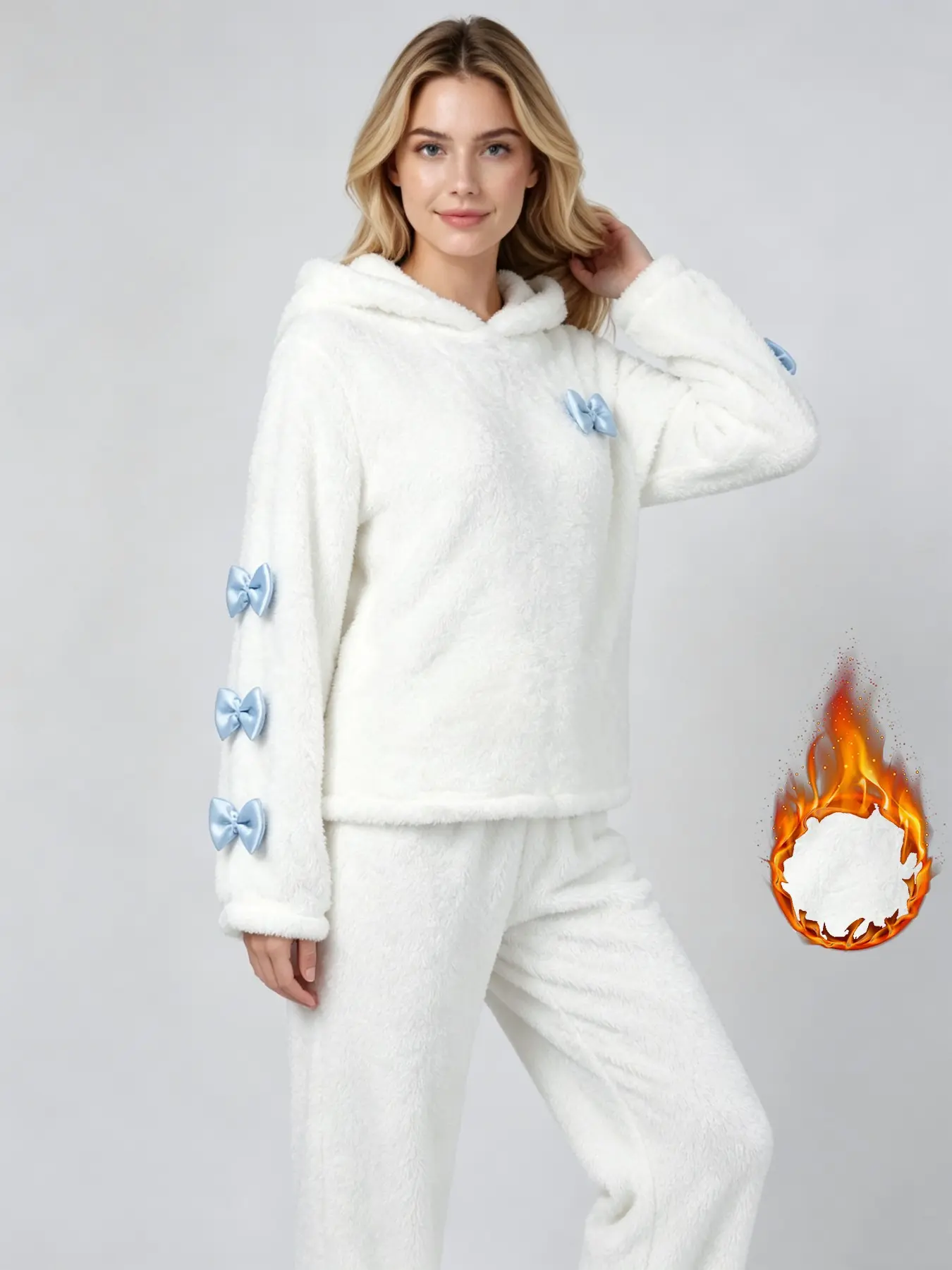 Sweet Healing Style Milk Light Blue Bow Tie Fleece Long Sleeves Pajamas, Loose Straight Leg Long Pants, Fall Winter Home Wear Loungewear Set
