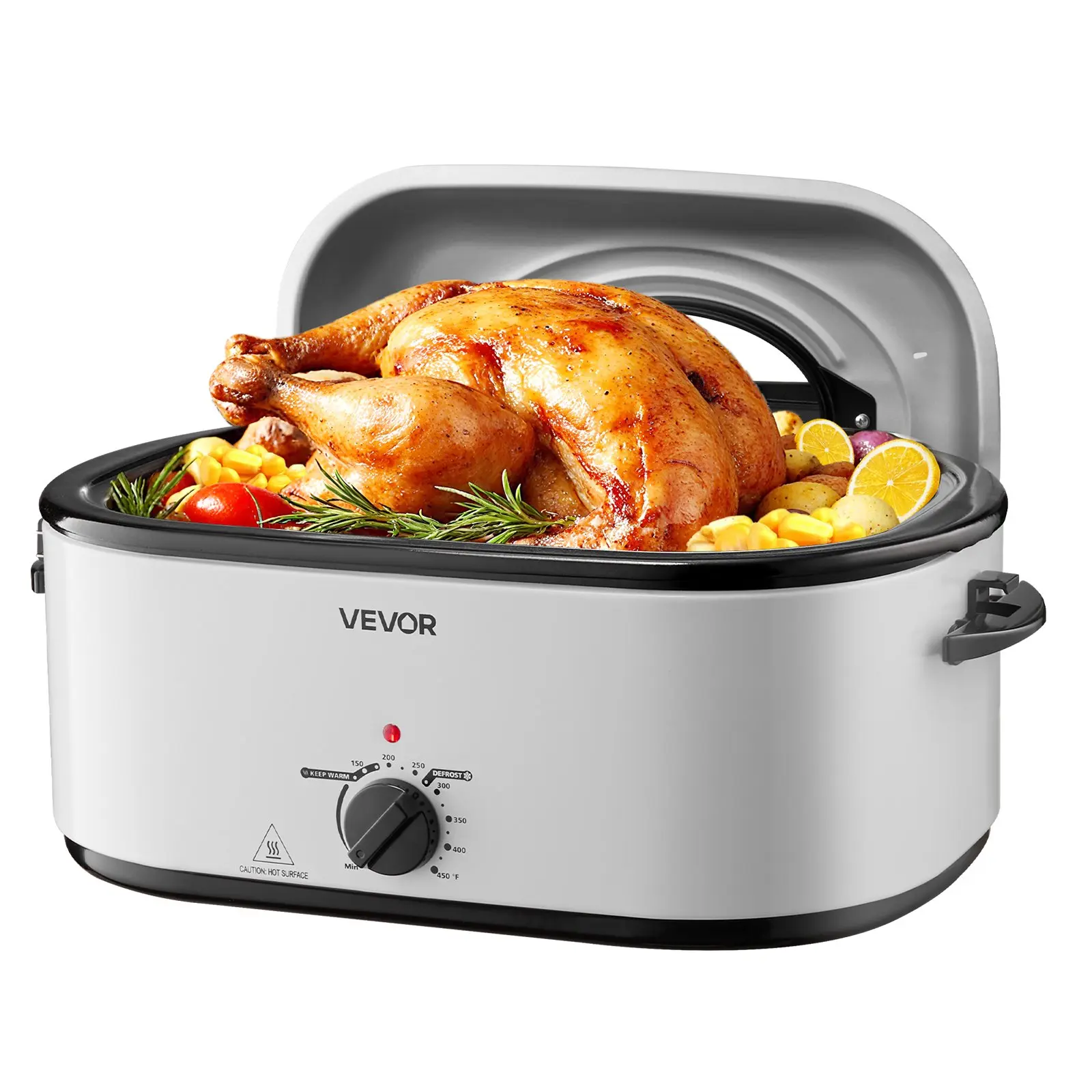 VEVOR 26QT Electric Roaster Oven with Adjustable Thermostat (150-450°F), Cool-Touch Handle, Self-Basting Visible Lid, Defrost & Warm Functions, Fits 30lb Turkey