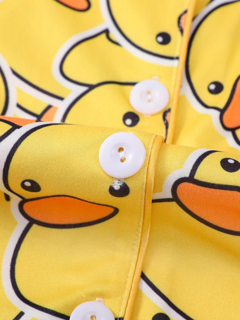 Girl's Cartoon Duck Print Top & Elastic Waist Shorts Pyjama Two-piece Set, Cute Comfy Short Sleeve Top & Shorts Pajamas Set, Kids Sleepwear for All Seasons, Pajama Set, Pajamas Loungewear