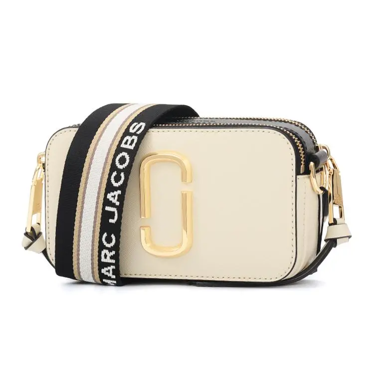 MARC JACOBS Snapshot Vintage-Inspired Minimalist Letter-Print Leather Crossbody Bag for Men and Women, Wide Shoulder Strap, Color-Blocked Design, White