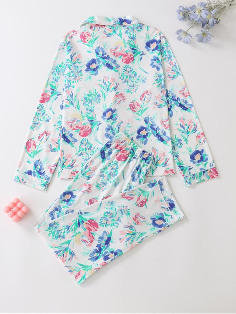 Women's All Over Floral Print Button Front Pocket Shirt & Elastic Waist Pants Pyjama Set, Casual Comfy Two-piece Pj Set, Ladies Sleepwear for All Seasons Pajama Set